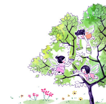 3girls archived_source black_hair blush bucket dress fairy_wings flower full_body grass hair_bun half_updo holding holding_bucket holding_paint_roller holding_paintbrush jung_han-na leaf lowres multiple_girls negative_space orange_dress original paint_can paint_roller paintbrush pink_dress red_flower short_dress short_twintails simple_background swept_bangs tree twintails white_background wings yellow_flower