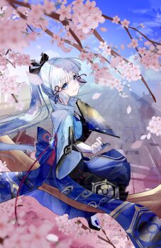 1girl aqua_eyes aqua_hair aqua_jacket ayaka_(genshin_impact) blunt_bangs blunt_sidelocks breasts cherry_blossoms closed_mouth genshin_impact hand_fan highres holding holding_fan ichijo-lemon in_tree jacket long_hair looking_at_viewer looking_back medium_breasts ponytail sidelocks sitting sitting_in_tree smile solo tree vision_(genshin_impact)