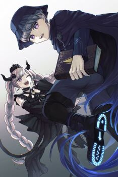 1boy 1girl absurdres arrow_(symbol) black_dress black_flower black_horns black_pantyhose black_sleeves blue_cape blue_footwear blue_headwear blue_jacket book boots braid breasts cape cleavage commentary criss-cross_halter crown detached_sleeves dress english_commentary flower glowing gradient_background grey_shorts hair_flower hair_ornament halterneck hat highres holding holding_book horns jacket kudo_(kddrv3) long_hair long_sleeves looking_at_viewer master_detective_archives:_rain_code medium_breasts multicolored_hair open_mouth pantyhose pink_eyes pink_hair purple_eyes purple_hair shinigami_(rain_code) short_hair shorts small_breasts smile standing symbol_in_eye twin_braids two-tone_hair very_long_hair white_hair yuma_kokohead