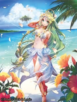 10s 1girl armlet athena_(luck_&amp;_logic) bare_shoulders beach blue_sky braid cloud copyright_name day female_focus floating_island flower full_body green_eyes green_hair head_wreath hibiscus jewelry looking_at_viewer luck_&amp;_logic matching_hair/eyes midriff navel neck_ring ocean official_art outdoors petals see-through_clothes sky solo standing umiu_geso