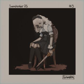 1girl aqua_eyes automaton_(object) black_background black_dress black_flower black_shoes black_thighhighs border breasts chair commentary curly_hair doll doll_joints dress empty_eyes english_text flower full_body garter_straps grey_border hairband highres holding holding_sword holding_weapon joints leaning_forward long_hair monk_shoes notfuji on_chair original shirt shoes sitting small_breasts solo sword thighhighs weapon white_hair white_shirt wooden_chair