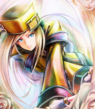 1girl absurdly_long_hair blonde_hair blue_eyes coat commentary_request fingerless_gloves flower gloves guilty_gear guilty_gear_xrd hat license_plate long_hair long_sleeves millia_rage outstretched_crossed_arms prehensile_hair reaching reaching_towards_viewer rose solo sushi_(sashimise) very_long_hair white_gloves yellow_coat yellow_hat