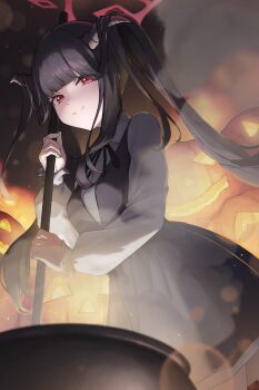 1girl absurdres alternate_costume black_dress black_hair blue_archive blunt_bangs blush cauldron closed_mouth cowboy_shot dark_background demon_girl demon_horns dress fuuka_(blue_archive) hair_on_horn halloween halloween_costume halo highres holding horns jack-o&#039;-lantern long_hair long_sleeves looking_at_viewer no_headwear puffy_long_sleeves puffy_sleeves pumpkin red_eyes red_halo revision shirt sidelocks smile solo springrain_06 steam stirring twintails very_long_hair white_shirt witch