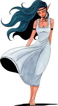 1girl absurdres armlet black_hair breasts cleavage closed_eyes demon_(megami_tensei) dress elf elf_(megami_tensei) full_body headband highres jewelry kazuma_kaneko official_art pointy_ears scan shin_megami_tensei shin_megami_tensei_i simple_background solo standing third-party_source transparent_background white_dress