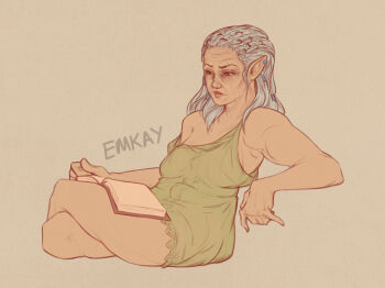 1girl baldur's_gate baldur's_gate_3 book brown_eyes dungeons_&amp;_dragons dungeons_&amp;_dragons earrings elf emkay_does_art green_nightgown grey_hair jaheira jewelry long_hair nightgown off_shoulder open_book pointy_ears reading scar scar_across_eye scar_on_face single_earring sleepwear watermark