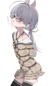 1girl absurdres animal_ears arms_behind_back bags_under_eyes bdsm black_thighhighs blush body_freckles bondage bound bound_arms breasts brown_dress commentary_request dress extra_ears freckles grey_hair highres looking_at_viewer mole mole_under_mouth multicolored_hair original parted_lips polka_dot polka_dot_dress ponytail purple_eyes purple_hair rope sailor_collar sailor_dress sea_slug_ears sea_slug_girl shibari shibari_over_clothes simple_background small_breasts solo thighhighs translation_request white_background white_dress yoru_uyo