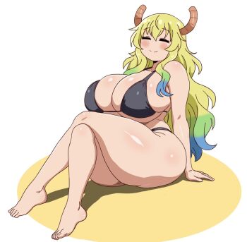 ass barefoot bikini black_bikini blush breasts closed_eyes curvy dragon_horns eduardo31267693 feet highres horns huge_ass huge_breasts kobayashi-san_chi_no_maidragon looking_ahead lucoa_(maidragon) multicolored_hair shiny_skin simple_background sitting swimsuit thick_thighs thighs wide_hips