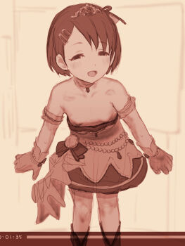 1girl 2equal8 bare_shoulders breasts choker cleavage dress frills gloves hair_ornament hair_ribbon hairclip half-closed_eyes highres idolmaster idolmaster_cinderella_girls jewelry kneehighs leaning_forward loli looking_at_viewer nipple_slip nipples open_mouth ribbon sasaki_chie short_hair simple_background smile socks solo standing starry_sky_bright_(idolmaster) tiara