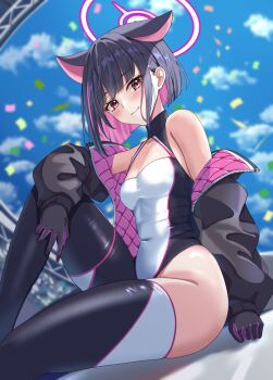 1girl animal_ears bare_shoulders black_gloves black_hair black_jacket black_thighhighs blue_archive breasts cat_ears cat_girl closed_mouth colored_inner_animal_ears colored_inner_hair commentary_request gloves halo hibika highres jacket kazusa_(blue_archive) looking_at_viewer multicolored_hair one-piece_swimsuit open_clothes open_jacket pink_hair pink_halo red_eyes small_breasts smile solo swimsuit thighhighs white_one-piece_swimsuit