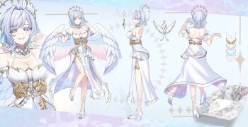 1girl absurdres blue_hair breasts cleavage collarbone color_guide commentary diamond_(gemstone) english_commentary feathered_wings green_hair halo high_heels highres lumiel_lumiere multicolored_hair multicolored_wings multiple_views nano_popo02 official_art orange_hair reference_sheet second-party_source shirt shoes shoulder_blades side_slit smile takara_live virtual_youtuber white_hair white_shirt white_shoes white_wings wings