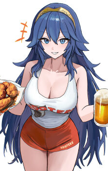 1girl absurdres alcohol alternate_costume bare_shoulders beer_mug bird blue_eyes blue_hair brand_of_the_exalt breasts chicken_(food) chicken_wing cleavage collarbone commentary cowboy_shot cup dolphin_shorts employee_uniform fire_emblem fire_emblem_awakening fire_emblem_heroes food gluteal_fold hair_between_eyes heterochromia highres holding holding_plate hooters large_breasts long_hair looking_at_viewer lucina_(fire_emblem) medium_breasts mug nintendo orange_shorts plate print_tank_top ranch_(sauce) short_shorts shorts simple_background skrillex_li smile solo star_(symbol) symbol-shaped_pupils tank_top thighs tiara very_long_hair waitress white_background white_tank_top