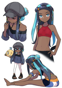 1girl absurdres armlet bare_shoulders belly_chain bikini black_hair black_pants blue_eyes blue_eyeshadow blue_hair blue_shirt blush breasts closed_eyes closed_mouth crop_top dark-skinned_female dark_skin earrings eating eyeshadow feebas feet fish forehead fork gen_3_pokemon gun gym_leader hair_bun hat highres hoop_earrings inkling inkling_player_character jewelry legs long_hair long_sleeves looking_at_viewer makeup max_melon midriff multicolored_hair multiple_views navel nessa_(pokemon) nintendo off-shoulder_shirt off_shoulder pants pokemon pokemon:_twilight_wings pokemon_(creature) pokemon_swsh red_shirt sandals shirt simple_background single_hair_bun sitting small_breasts smile splatoon_(series) sportswear stretching swimsuit tankini two-tone_hair weapon white_background white_pants