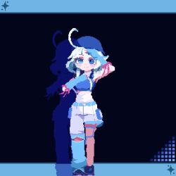 1girl animated asymmetrical_clothes asymmetrical_legwear baseball_cap birdman46049238 blue_eyes furina_(genshin_impact) genshin_impact hat headphones headphones_around_neck heterochromia pants pixel_art single_pantsleg solo standing tagme throwing throwing_hat torn_clothes torn_pants uneven_legwear video white_hair