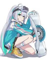 Rule 34 | 1girl, absurdres, ahoge, aqua jacket, bandaid, bandaid on cheek, bandaid on face, bandaid on knee, bandaid on leg, black skirt, closed mouth, drawstring, epinel (nikke), from side, full body, goddess of victory: nikke, green eyes, green hair, grey hair, hair ornament, head-mounted display, high tops, highres, holding, hood, hood down, hoodie, hoverboard, jacket, kwiiwk1, long hair, long sleeves, looking at viewer, multicolored hair, on one knee, open clothes, open jacket, pleated skirt, ponytail, shoes, skateboard, skirt, sneakers, socks, solo, star sticker, sticker on face, streaked hair, two-tone hair, very long hair, white background, white hoodie, white socks, yellow shoes