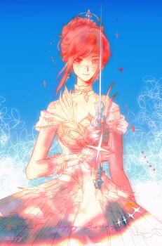 1girl absurdres armor bare_shoulders blue_sky blush breastplate brown_eyes chinese_commentary closed_mouth clothing_cutout collar commentary_request cowboy_shot day detached_collar dress earrings english_text eyelashes feather_earrings feathers frilled_arm_warmers frilled_dress frills hair_bun happy happy_birthday highres holding holding_sword holding_weapon infinity_nikki jewelry melody_bloom_(infinity_nikki) nikki_(nikki) nikki_(series) outdoors pink_hair pleated_dress rapier shade shao_ziye short_hair_with_long_locks short_sleeves shoulder_cutout sidelocks signature single_hair_bun sky smile solo sparkle standing sword tiara updo weapon white_arm_warmers white_collar white_dress