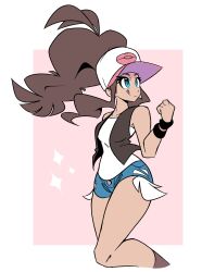 Rule 34 | 1girl, bare legs, baseball cap, black wristband, blue eyes, blue shorts, brown hair, creatures (company), curvy, floating hair, game freak, hat, highres, hilda (pokemon), leaning forward, licking lips, long hair, looking to the side, nintendo, poke ball print, pokemon, pokemon bw, print headwear, shirt, short shorts, shorts, simple background, smile, solo, standing, teeth, thecappuccino04, tongue, tongue out, white hat, white shirt, wide hips