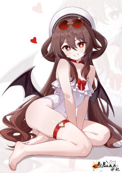 1girl absurdres alternate_costume bare_shoulders barefoot blush bow brown_hair brown_nails choker collarbone commentary_request demon_wings eyewear_on_head feet flower-shaped_pupils full_body genshin_impact grin hair_between_eyes heart heart_o-ring highres hu_tao_(genshin_impact) long_hair looking_at_viewer low_wings multicolored_hair nail_polish o-ring o-ring_thigh_strap one-piece_swimsuit red-tinted_eyewear red_bow red_choker red_eyes red_hair signature sitting smile swimsuit symbol-shaped_pupils thigh_strap tinted_eyewear toenail_polish toenails toes very_long_hair white_background white_one-piece_swimsuit wings yaoli_(ysxbd) yellow-framed_eyewear yokozuwari zoom_layer