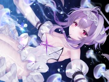 17ho_10ban 1girl absurdres ahoge air_bubble blush breasts bubble collar covered_navel detached_sleeves frills goddess_of_victory:_nikke hair_between_eyes hair_intakes hairband headgear highres jellyfish leotard liberalio_(nikke) light_smile looking_at_viewer pantyhose purple_hair red_eyes short_hair_with_long_locks sideways sleeves_past_fingers sleeves_past_wrists small_breasts twintails underwater white_collar white_leotard white_pantyhose white_sleeves