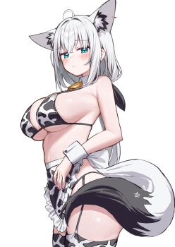1girl absurdres alternate_costume animal_ears animal_print aqua_eyes bikini blush breasts closed_mouth cow_print cow_print_bikini cow_print_thighhighs deaver fox_ears fox_girl fox_tail garter_straps highres hololive large_breasts long_hair looking_at_viewer pentagram print_bikini print_thighhighs shirakami_fubuki simple_background solo standing swimsuit tail thighhighs virtual_youtuber white_background white_hair