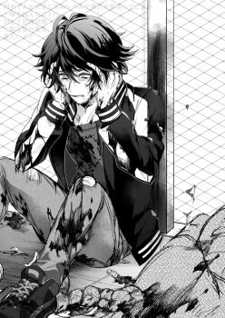 1boy blood blood_on_clothes blood_on_face chain-link_fence commentary_request corpse death dismemberment entrails fence flipped_hair greyscale guro hands_on_own_head highres hino_(pixiv_58923997) intestines jacket knees_up long_sleeves male_focus monochrome nie_no_machi open_clothes open_jacket organs scared shoes short_hair sitting sneakers solo suou_mio torn_clothes translation_request wide-eyed