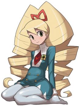 1girl bad_id blonde_hair blue_dress blue_pantyhose dress drill_hair green_eyes heriyama long_hair luna_platz_(mega_man) mega_man_(series) mega_man_star_force_(series) pantyhose simple_background smile twin_drills very_long_hair white_background