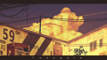 artist_name building cloud commentary_request door graffiti highres kinoko_no_sato letterboxed multiple_monochrome no_humans original outdoors power_lines purple_sky scenery signature sky sunset translation_request vending_machine yellow_clouds