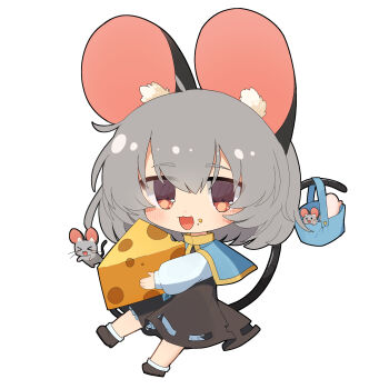 Rule 34 | 1girl, :3, :d, animal ear fluff, animal ears, black dress, black shoes, bloomers, blue capelet, blush, capelet, cheese, chibi, chibi only, commentary request, double-parted bangs, dress, edamanecha, food, food on face, full body, grey hair, hair between eyes, highres, holding, holding food, long sleeves, looking at viewer, mouse (animal), mouse ears, mouse girl, mouse tail, nazrin, open mouth, red eyes, shoes, short hair, simple background, smile, socks, solo, standing, tail, thick eyebrows, touhou, underwear, white background, white bloomers, white socks