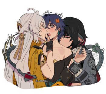 5girls absurdres animal_ears belle_(delicate_sunlight)_(zenless_zone_zero) belle_(zenless_zone_zero) black_hair blue_hair blush chinese_clothes colored_inner_hair commentary earrings fingerless_gloves gloves green_eyes hair_ornament highres holding_another&#039;s_wrist jane_doe_(zenless_zone_zero) jewelry ju_fufu letter_hair_ornament long_hair mouse_ears mouse_girl mouse_tail multicolored_hair multiple_girls off_shoulder official_alternate_costume pan_yinhu red_hair symbol-only_commentary tail very_long_hair white_hair ye_shunguang yixuan_(zenless_zone_zero) yuri zanqi zenless_zone_zero