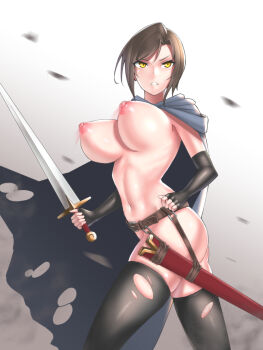 1girl armpits ass belt belt_buckle black_thighhighs bouncing_breasts breasts brown_hair buckle cape cloak cowboy_shot fingerless_gloves from_side gloves holding holding_sword holding_weapon large_breasts looking_back naked_cloak navel nipples nude open_mouth original scabbard sheath short_hair solo sword thighhighs torn_cape torn_clothes torn_thighhighs turning_around vvv_(vvv98048917) warrior weapon wind yellow_eyes