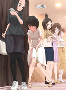 5girls ^_^ air_duct bag bathroom belt between_legs black_eyes black_footwear black_hair black_pantyhose black_shorts blue_skirt blush breasts brown_footwear brown_hair cellphone clenched_hand closed_eyes commission crossed_arms dress elbow_carry embarrassed female_focus forehead full_body green_shirt hand_between_legs hand_to_own_mouth hand_up have_to_pee high-waist_skirt high_heels highres holding holding_bag holding_phone indoors long_sleeves looking_at_another looking_back looking_down matching_hair/eyes multiple_girls nose_blush original pants pantyhose parted_bangs pee peeing peeing_self pencil_skirt phone puddle purple_skirt queue sandals shirt shirt_tucked_in shoes shopping_bag short_hair short_sleeves shorts sidelocks skeb_commission skirt small_breasts smartphone sneakers standing striped_clothes striped_shirt surprised swept_bangs tears tile_floor tiles urabe_miyabi wet wet_clothes white_dress white_footwear white_shirt yellow_pants yellow_shirt yellow_shoes