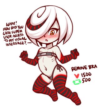 1girl 2022 20s :o artificial_intelligence bare_hips bare_shoulders black_dress blush bra breasts collarbone dress embarrassed english_text female_focus full_body hair_over_one_eye highres loli looking_at_viewer medium_hair midriff mossyfroot navel open_mouth pale_skin panties red_eyes ribs sage_(sonic) small_breasts solo sonic_(series) sonic_frontiers string_panties underwear white_background white_hair