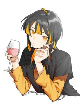 1girl antenna_hair black_hair black_shirt blonde_streaks blunt_ends blunt_sidelocks closed_mouth commentary cup dot_nose drinking_glass earclip earrings eyelashes glass hand_on_own_face hands_up highres jewelry long_hair looking_at_viewer original shirt sidelocks simple_background solo stud_earrings symbol-only_commentary tomboy unholymilk upper_body white_background wine_glass yellow_eyes yellow_sleeves