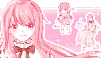 Rule 34 | 1girl, belt, black belt, black ribbon, bloom poetry (shining nikki), border, bow, bowtie, bra strap, buttons, chibi, chinese commentary, clenched hands, closed mouth, colored eyelashes, commentary request, cross-laced clothes, cross-laced dress, dot nose, dress, floating hair, frilled shirt, frilled shirt collar, frilled sleeves, frills, full body, hair ribbon, happy, highres, infinity nikki, invisible chair, kneehighs, layered skirt, letterboxed, light blush, long dress, long hair, long sleeves, looking at viewer, low twintails, mary janes, medium skirt, multiple views, nikki (nikki), nikki (series), off-shoulder shirt, off shoulder, outline, outside border, paw pose, perfect start (infinity nikki), pinafore dress, pink background, pink dress, pink eyes, pink hair, pink shoes, pink skirt, pleated dress, puffy long sleeves, puffy sleeves, red bow, red bowtie, red ribbon, ribbon, rui (xinjinjumin9278462), shining nikki, shirt, shoes, sitting, skirt, sleeveless, sleeveless dress, smile, snowflakes, socks, sparkle, tress ribbon, turtleneck, turtleneck shirt, twintails, unworn dress, upper body, very long hair, white border, white outline, white shirt, white shoes, white skirt, white socks