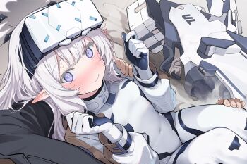 Rule 34 | 1boy, 1girl, blue archive, blush, bodysuit, breasts, carrying, commentary, halo, head-mounted display, highres, himari (armed) (blue archive), himari (blue archive), hover bike, long hair, looking at viewer, mole, mole under eye, motor vehicle, motorcycle, multicolored halo, official alternate costume, pointy ears, princess carry, purple eyes, s bokdong, sensei (blue archive), small breasts, two-tone halo, very long hair, white bodysuit, white hair