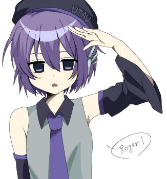 1girl beret collared_shirt detached_sleeves english_text expressionless hashtag-only_commentary hat highres lower_teeth_only necktie open_mouth purple_eyes purple_hair purple_hat purple_necktie purple_sleeves salute shirt short_hair simple_background sleeveless sleeveless_shirt solo talking teeth utane_uta utau uuuuua07 white_background
