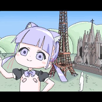 1boy 1girl animal_ear_hairband animal_ears bandaid bandaids_on_nipples black_sleeves blue_sky blunt_bangs blush_stickers bow bowtie cat_ear_hairband cat_ears cathedral church commentary_request eiffel_tower empty_eyes facebook fake_animal_ears flat_chest grass hair_ribbon hairband hand_on_own_hip hand_up head_tilt letterboxed lokulo-chan_(lokulo_no_mawashimono) lokulo_no_mawashimono loli long_hair looking_at_viewer low_twintails lowres mark_zuckerberg original parody pasties photo-referenced puffy_short_sleeves puffy_sleeves purple_bow purple_bowtie purple_hair red_ribbon ribbon sagrada_familia short_sleeves shrug_(clothing) sky smile topless_female tower translation_request twintails upper_body