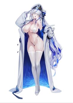 1girl aokumo_rin bikini blue_coat blue_eyes blue_hair breasts character_name choker coat commentary_request full_body gloves grey_hair hat highleg highleg_bikini highres korean_commentary large_breasts legs_together long_hair looking_at_viewer micro_bikini military_hat multicolored_coat multicolored_hair navel ness_(pjw0168) off_shoulder open_clothes open_coat open_mouth peaked_cap salute shoes side-tie_bikini_bottom simple_background single_bare_shoulder solo standing stellive streaked_hair string_bikini swimsuit thick_eyelashes thighhighs two-sided_coat two-sided_fabric two-tone_coat two-tone_hair very_long_hair virtual_youtuber wet white_background white_bikini white_coat white_gloves white_hat white_shoes white_thighhighs