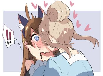 ! 2girls @_@ animal_ear_hairband animal_ears blonde_hair blue_eyes blue_shirt blush border cat_ear_hairband cat_ears commentary ear_blush fake_animal_ears hair_bun hairband hand_on_another&#039;s_face idolmaster idolmaster_million_live! kiss multiple_girls purple_background shirt simple_background soeji spoken_exclamation_mark sweat tenkuubashi_tomoka tokoro_megumi white_border yuri