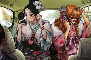 2girls aegyo_sal applying_makeup applying_mascara applying_own_makeup aqua_nails bag bag_charm black_bag blunt_bangs bracelet cameo car car_interior cellphone character_charm charm_(object) eyelashes fingernails floral_print flower fur_shawl glasses hair_bun hair_flower hair_ornament hand_on_own_head handbag hello_kitty hello_kitty_(character) holding holding_mirror holding_phone iphone japanese_clothes jewelry kimono long_fingernails long_hair looking_at_mirror makeup mascara_wand mirror mole mole_under_eye motor_vehicle multiple_girls multiple_moles multiple_rings nail_art obi obijime orange_hair original phone pink_bag pink_eyes pink_nails print_kimono red-framed_eyewear ring ring_411 ringlets sanrio sash shawl sitting smartphone three-quarter_sleeves upper_body