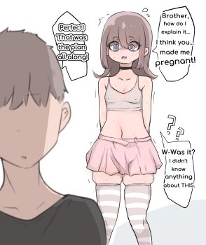 1boy 1girl ? absurdres blue_eyes breasts brother_and_sister brown_hair choker cleavage collarbone covered_erect_nipples english_text faceless faceless_male female_focus highres impregnation incest ioxat legs long_hair motion_lines navel nervous open_mouth original pink_skirt short_hair siblings simple_background skindentation skirt small_breasts solo_focus speech_bubble standing striped_clothes striped_thighhighs sweat sweatdrop tank_top text_focus thick_thighs thighhighs thighs trembling white_background white_tank_top