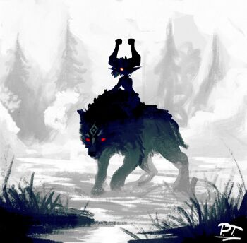 1girl absurdres glowing glowing_eyes grass helmet highres jpt_arts link looking_at_viewer midna nintendo orange_eyes pointy_ears red_eyes riding riding_animal signature the_legend_of_zelda the_legend_of_zelda:_twilight_princess tree wolf_link