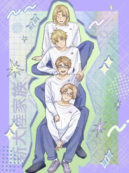 4boys absurdres ahoge america_(hetalia) american_flag axis_powers_hetalia bishie_sparkle black_shoes blonde_hair blue_eyes blue_pants border canada_(hetalia) canadian_flag chiqma0 closed_mouth collarbone commentary_request fingernails france_(hetalia) french_flag full_body glasses green_eyes grey-framed_eyewear grey_shoes hand_up highres long_sleeves looking_at_viewer male_focus matching_outfits multiple_boys one_eye_closed open_mouth outside_border pants polka_dot polka_dot_background puffy_long_sleeves puffy_sleeves purple_border purple_eyes semi-rimless_eyewear shadow shirt shoes short_hair sitting smile sparkle star_(symbol) teeth union_jack united_kingdom_(hetalia) v v-shaped_eyebrows white_shirt
