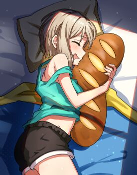 1girl absurdres aoba_moca aqua_tank_top bang_dream! black_shorts blush breasts closed_eyes commentary drooling grey_hair highres hugging_object junji_17 light_particles medium_breasts midriff mouth_drool open_mouth pillow pillow_hug short_hair shorts solo tank_top