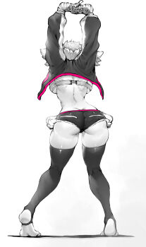1girl absurdres arm_wrap arms_up ass backboob bandeau breasts butt_crack cropped_jacket cutoffs feet from_behind greyscale heel_up highres interlocked_fingers jacket large_breasts long_sleeves monochrome niwamaru_(niwarhythm) niwarhythm no_shoes original own_hands_together pink_trim short_shorts shorts simple_background soles solo spot_color standing stirrup_legwear stretching thighhighs toeless_legwear