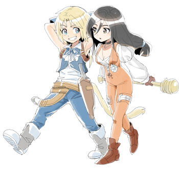 Rule 34 | 1boy, 1girl, arms behind head, black choker, black hair, blonde hair, blue eyes, blue pants, blue vest, blue wrist cuffs, bodysuit, boots, breasts, brown eyes, brown footwear, brown gloves, choker, cleavage, collared shirt, cropped vest, crystal, dede (qwea 00000), final fantasy, final fantasy ix, full body, garnet til alexandros xvii, gloves, grey footwear, grin, hair between eyes, hair tie, jewelry, juliet sleeves, long hair, long sleeves, looking at another, low-tied long hair, medium breasts, monkey tail, neck ribbon, orange bodysuit, pants, parted bangs, parted lips, pendant, puffy long sleeves, puffy sleeves, ribbon, shirt, sleeveless, sleeveless shirt, smile, tail, teeth, thigh strap, vest, walking, white background, white shirt, wrist cuffs, zidane tribal