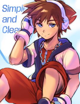 1boy absurdres blue_eyes brown_hair closed_mouth commentary_request english_text fingerless_gloves gloves headphones highres hood hood_down jewelry kingdom_hearts kingdom_hearts_i looking_at_viewer male_focus mixed-language_commentary necklace short_sleeves sitting smile solo sora_(kingdom_hearts) white_gloves wreckedpolygon