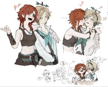 2girls after_kiss androgynous arm_around_shoulder arms_around_neck bag bandaged_hand bandages belt blonde_hair blue_bow blue_bowtie blue_eyes blush bow bowtie braid brown_shirt brown_shorts brynhildr_vilulf chibi chibi_inset closed_eyes collarbone commentary_request crop_top crossbody_bag drunk eyepatch freckles gloves hair_between_eyes hand_up headphones heart identity_v jewelry korean_commentary lipstick_mark lipstick_mark_on_face long_hair midriff multiple_braids multiple_girls navel necklace open_mouth orange_hair puffy_sleeves shirt short_hair shorts single_bracer smile tangtuktak teeth tomboy upper_body upper_teeth_only wavy_hair weather_vane wendy_foote white_shirt yuri