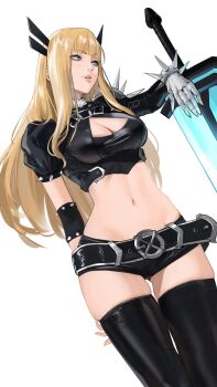 1girl armor blonde_hair blue_eyes breasts cleavage clothing_cutout commentary gloves highres holding holding_sword holding_weapon j@ck long_hair magik's_crown magik_(x-men) marvel navel shorts solo spikes sword weapon x-men