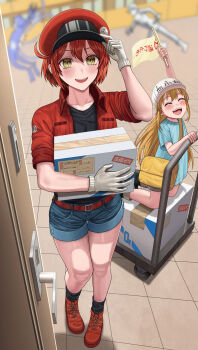 2boys 2girls :d ^_^ absurdres adjusting_clothes adjusting_headwear ae-3803 ahoge ankle_boots aqua_shirt arched_back badge bag baseball_cap black_shirt black_socks blue_shorts blurry blurry_background blush boots box breast_pocket brown_bag building button_badge cardboard_box cart character_name closed_eyes clothes_writing collarbone colored_skin commentary denim denim_shorts door doorway fighting flag from_above gloves hair_between_eyes hand_on_own_hat hat hat_ornament hataraku_saibou highres holding holding_bag holding_box holding_flag jacket long_hair looking_at_viewer looking_up messenger_bag multiple_boys multiple_girls newsboy_cap open_clothes open_door open_jacket open_mouth pants parted_lips pigeon-toed platelet_(hataraku_saibou) pneumococcus_(hataraku_saibou) pocket pov_doorway pushcart red_blood_cell_(hataraku_saibou) red_boots red_hair red_hat red_jacket running salute shirt short_hair short_shorts short_sleeves shorts shoulder_bag silvertsuki smile socks standing t-shirt teeth tentacles tile_floor tiles translated u-1146 upper_teeth_only very_long_hair white_blood_cell_(hataraku_saibou) white_gloves white_hat white_pants white_shirt white_skin work_boots yellow_eyes