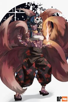 1girl absurdres animal_ear_fluff animal_ear_piercing animal_ears aqua_eyes artist_logo artist_name bakeneko bare_shoulders black_hair black_nails black_pants black_shoes bracelet breasts casting_spell cat_ears cat_mask chest_sarashi commentary commission dark-skinned_female dark_skin electricity english_commentary fingernails floral_print geta gold_collar hands_up highres jewelry kobi420 logo looking_at_viewer mask mask_on_head medium_hair multiple_rings multiple_tails nail_polish open_mouth original pants ring sarashi shadow sharp_fingernails shoes sidelocks small_breasts solo standing tail toenail_polish toenails toes white_background